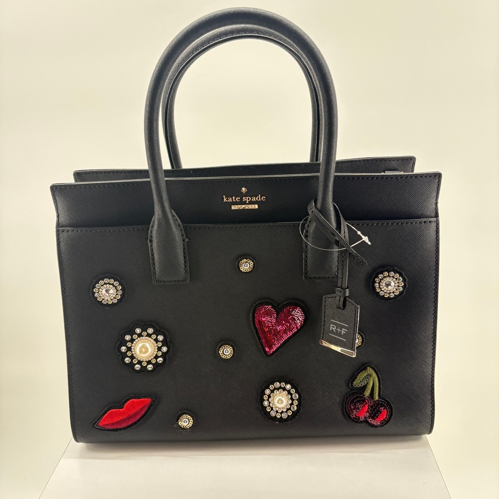 Kate Spade New York Lottie Black Saffiano Leather Embellished Satchel Bag NWOT
